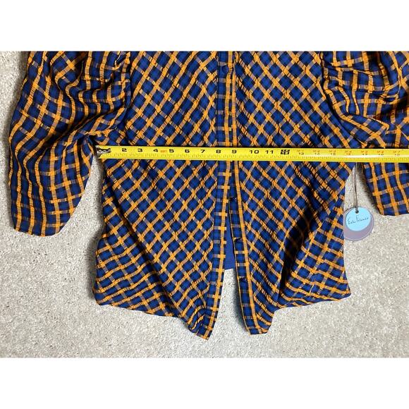 Women Blouse Shirt Top Eva Franco Blue Orange Black Button Up Size 8 NWT - Picture 7 of 10